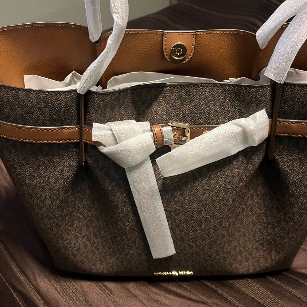 Michael Kors Brown Structured Tote with Gold Hardware